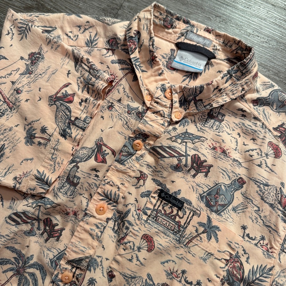 Columbia Shirt Mens S Peach Tropical Beach Pelican Cotton Stretch Aloha Tiki